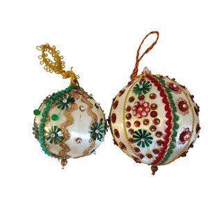 Vtg Set of 2 Handmade Sequins Beaded Push Pin Christmas Holiday Ornaments